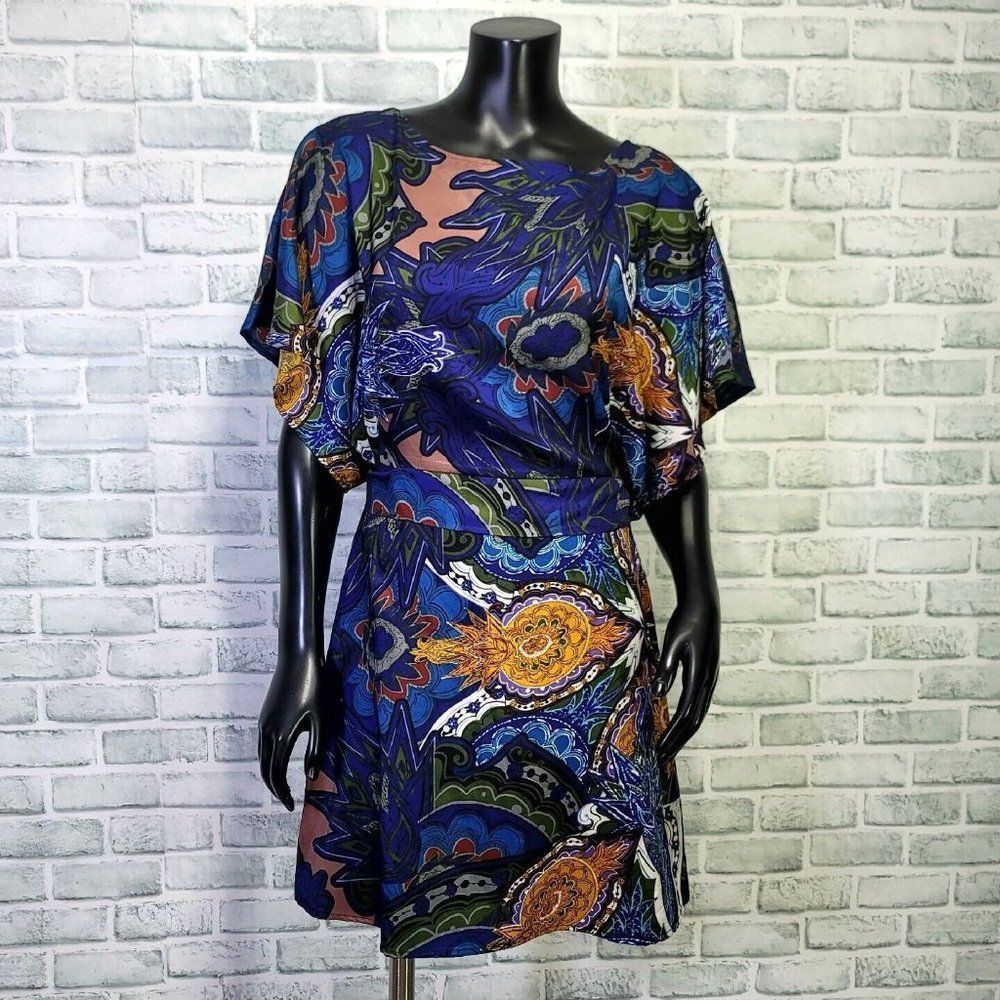 Vertigo Paris XS Paisley Boho Silky Mini Dress‎ Batwing S/S Casual Summer Dress
